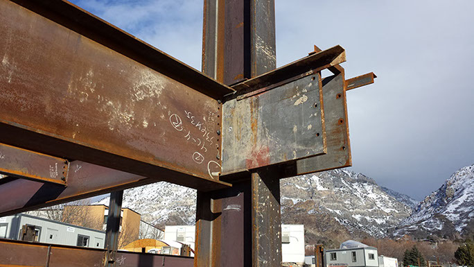 Brigham Young University Harman Building Addition steel moment frame under construction 