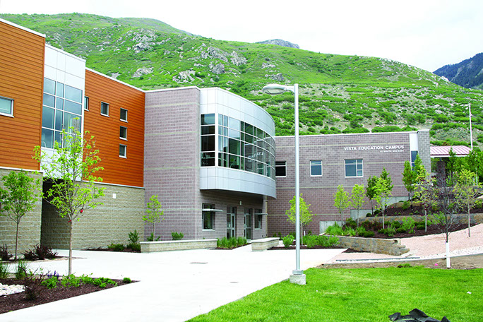 Vista Education Campus entrance plaza and mountains in background