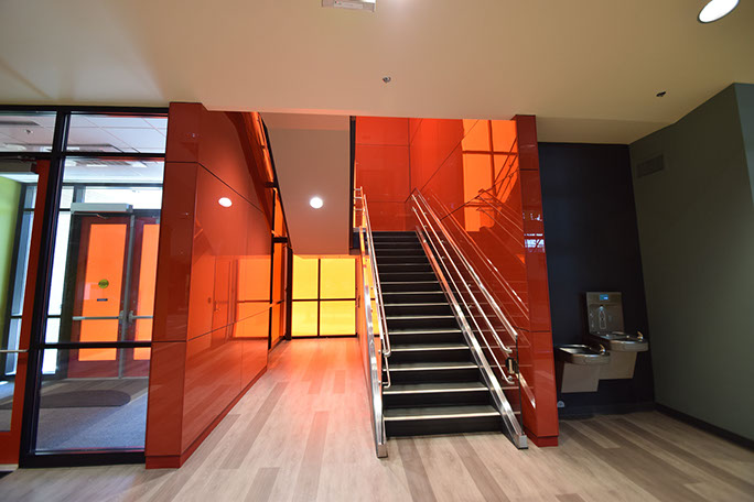 C. Mark Openshaw Education Center and Office Building stairs with red glass