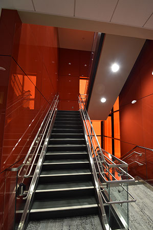 C. Mark Openshaw Education Center and Office Building stairs with red glass glazing