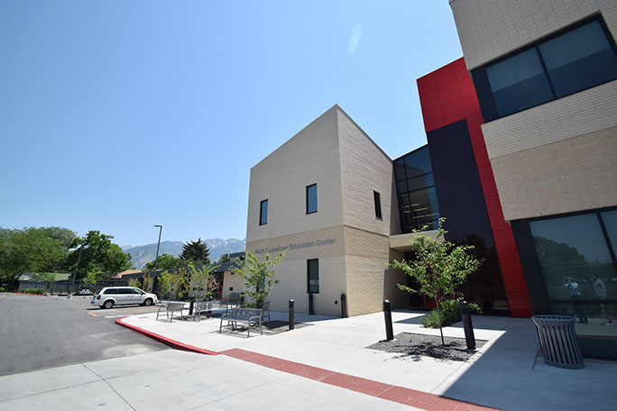 C. Mark Openshaw Education Center and Office Building north entrance and parking lot