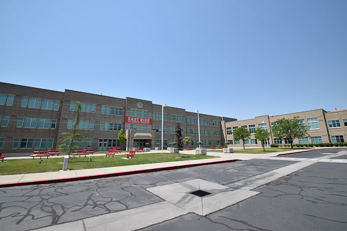 East High School front entrance and parking lot