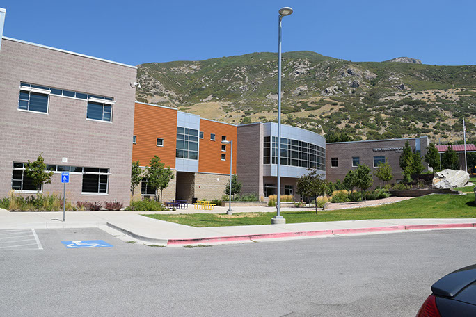Vista Education Campus front with mountains in the background