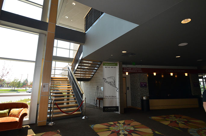 Davis Center for the Performing Arts atrium stairs and glass front facade