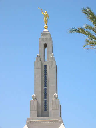 Redlands LDS Temple steeple and angel Moroni close up