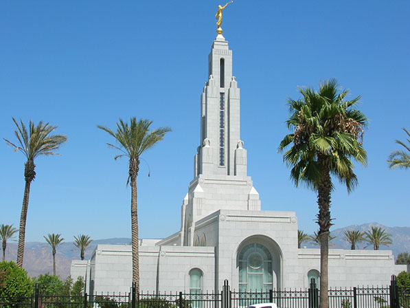 Redlands LDS Temple steeple and palm trees