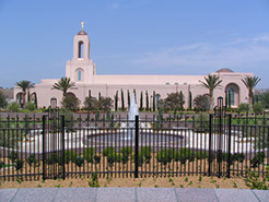 Newport Beach Temple water fountain plaza with temple in the background