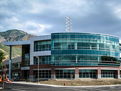 BYU broadcast building with mountain background