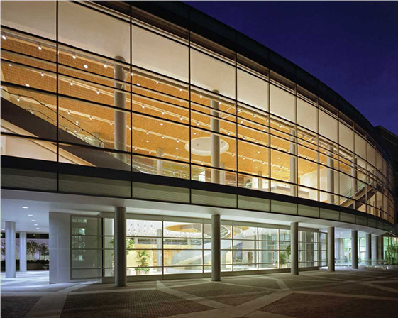 BYU Joseph F. Smith Building window facade at night