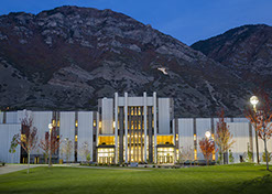 BYU Law building with Y mountain in the background at dusk