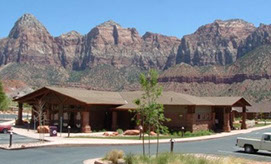 Springdale Library with mountain background