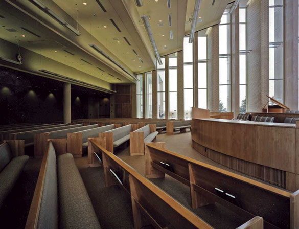 BYU-Idaho John Taylor Building interior front chapel with pews and pulpit